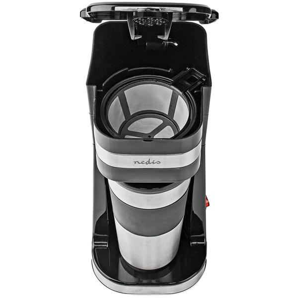Stilvolle Edelstahl Filterkaffeemaschine (750W) mit 400ml Kaffee-To-Go-Becher – Silber-schwarzes Design – Für genussvollen Kaffee, überall