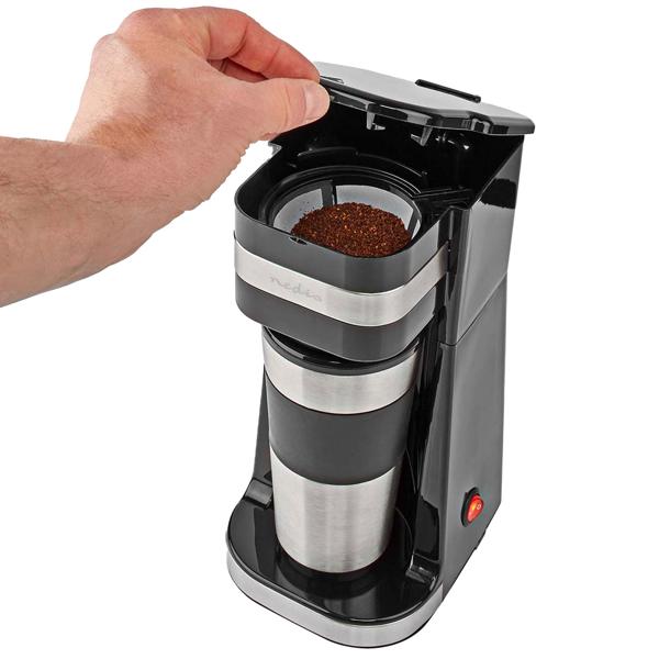Stilvolle Edelstahl Filterkaffeemaschine (750W) mit 400ml Kaffee-To-Go-Becher – Silber-schwarzes Design – Für genussvollen Kaffee, überall