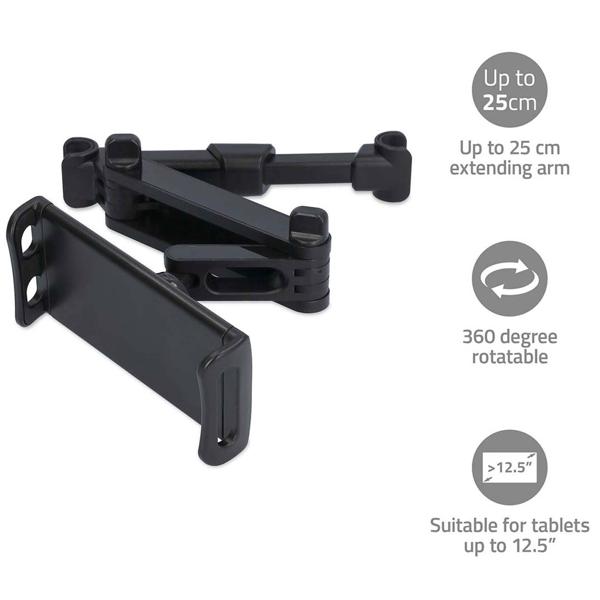 Kopfstützenhalterung verstellbar - Für Tablet, Handy, Switch bis 12.5 Zoll - Teleskoparm 8-26cm - 360° drehbar - Für entspannte Autofahrten