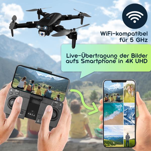 GPS-Drohne mit 4K-UHD-Kamera, 300m Reichweite, Follow-Me, bürstenloser Motor, 6-Achsen-Gyroskop, Optical Flow, WiFi, App für Erwachsene und Kinder