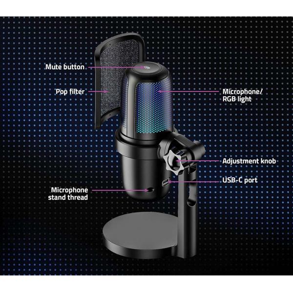 USB Mikrofon für Streaming, Podcast & Studio: RGB, Stativ, Pop-Filter - für Gamer, Influencer, Content, Musiker - Aufnahmen mit  kristallklarem Sound