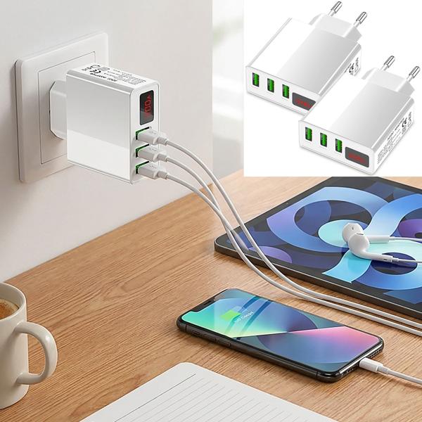 2er-Set Intelligentes 3-Port USB-Ladegerät mit LED-Anzeige, weiss - Schnellladefunktion, Überstromschutz - Kompatibel mit Windows, Android, iOS