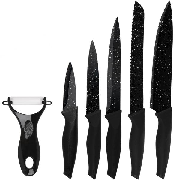 Küchen-Messerset 6-teilig - 5 scharfe Messer & Schäler für vielseitige Gerichte - Antihaftbeschichtet - Schwarz - Langlebig & leicht zu reinigen