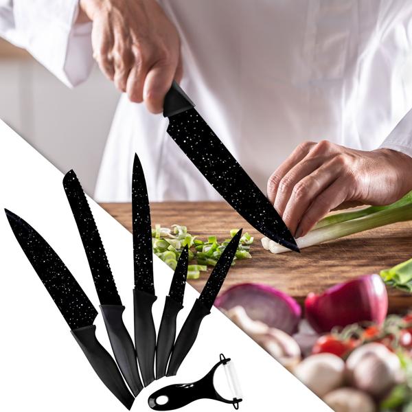 Küchen-Messerset 6-teilig - 5 scharfe Messer & Schäler für vielseitige Gerichte - Antihaftbeschichtet - Schwarz - Langlebig & leicht zu reinigen