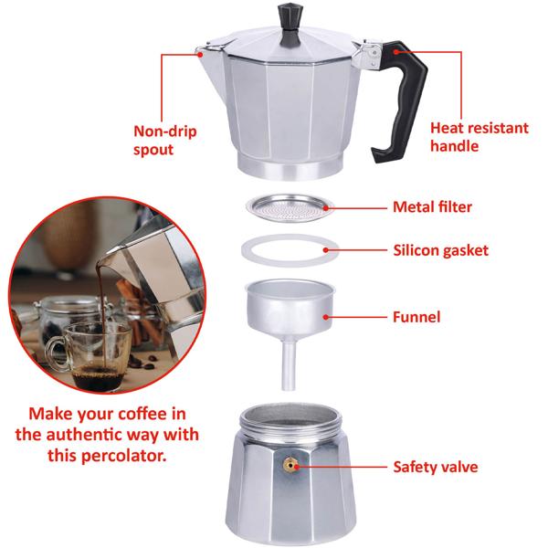 Kaffeekocher Aluminium - für 6 Tassen - 300 ml Füllmenge - Herdplatten geeignet (ausser Induktion) - ideal für Zuhause, Camping, Reisen