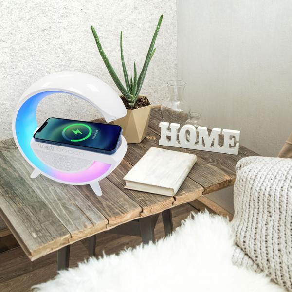 Multifunktionales RGB-Nachtlicht mit Qi-Ladestation, Bluetooth & FM-Radio – Lautsprecher, stimmungsvolles Licht, 23,5cm