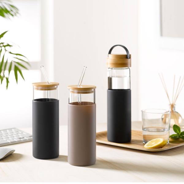 Glas- und Bambusflasche - Silikonschutz für heisse und kalte Getränke - 0,55L Fassungsvermögen - Anthrazit Silikon - Ideal für Uni, Büro & Park