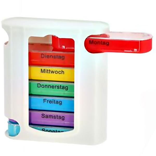 Medikamentenbox 7 Tage - Bunt, 4 Fächer pro Tag mit Morgen, Mittag, Abend, Nacht - Wochenplaner für Pillen & Medizin - 11.5x4.3x13cm