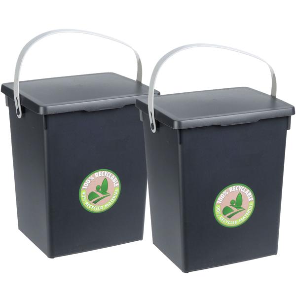 2er-Set Komposteimer Kunststoff - Geruchsdicht & fruchtfliegenfrei - Mit Henkel, aus 90% recyceltem Kunststoff, 19x18x23,5 cm, schwarz/grau