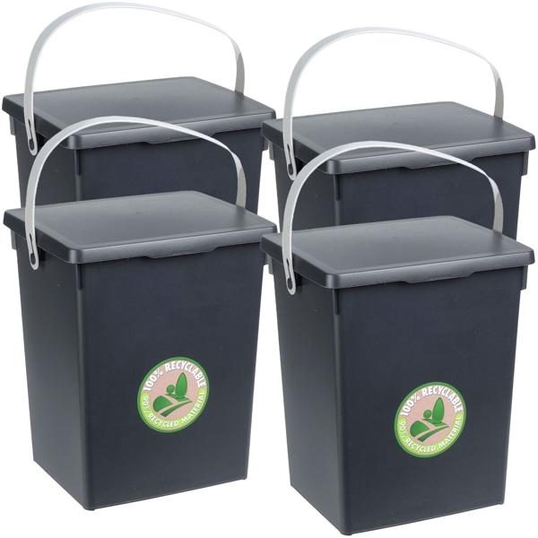 4er-Set Komposteimer aus Kunststoff - Geruchsdicht für Küchenabfälle & Obstfliegenfrei - 90% recycelt - 19x18x23,5 cm - Mit Henkel & Deckel