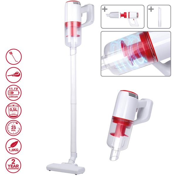 Kraftvoller 2-in-1 Akku-Staubsauger: Kabelloser Zyklon-Staubsauger & Handstaubsauger, beutellos (80W, 6kPa) – weiss/rot