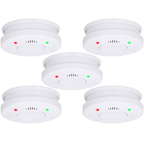 5er-Set Zuverlässiger Optischer Brand- und Rauchwarnmelder, 10 Jahre Batterie, 85dB Alarm-Lautstärke, Schützt Räume bis 40 m2, Montagematerial