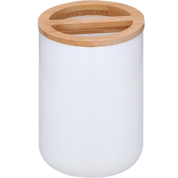 Badezimmer-Set 6-teilig – Weiss mit Bambusholz – WC-Garnitur, Seifenspender, Zahnputzbecher, Abfalleimer – Kunststoff – Modernes Design für jedes Bad