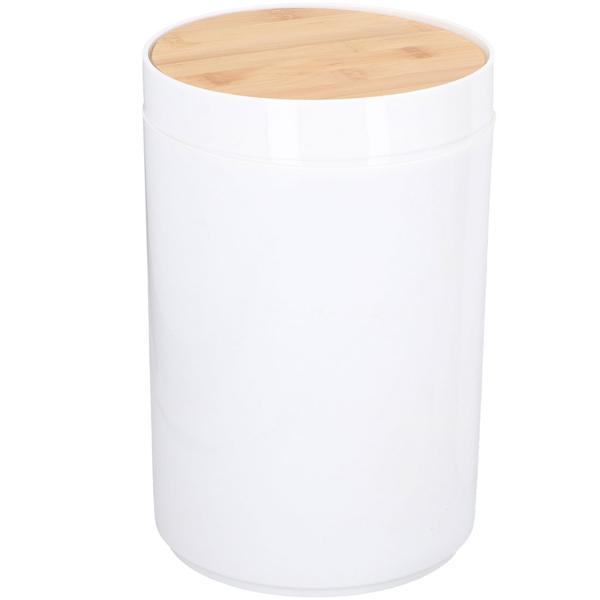 Badezimmer-Set 6-teilig – Weiss mit Bambusholz – WC-Garnitur, Seifenspender, Zahnputzbecher, Abfalleimer – Kunststoff – Modernes Design für jedes Bad