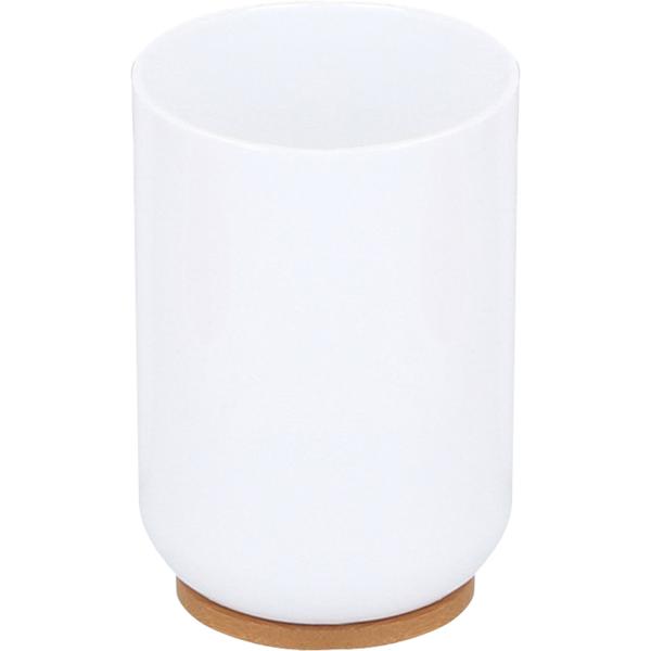 Badezimmer-Set 6-teilig – Weiss mit Bambusholz – WC-Garnitur, Seifenspender, Zahnputzbecher, Abfalleimer – Kunststoff – Modernes Design für jedes Bad