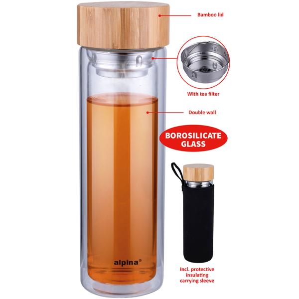 Isolierflasche 450ml - Integriertes Teesieb für Kräuter - Doppelwandige Thermosflasche aus Borosilikatglas mit Bambusdeckel - Hält Getränke warm/kühl
