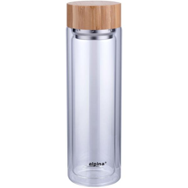 Isolierflasche 450ml - Integriertes Teesieb für Kräuter - Doppelwandige Thermosflasche aus Borosilikatglas mit Bambusdeckel - Hält Getränke warm/kühl