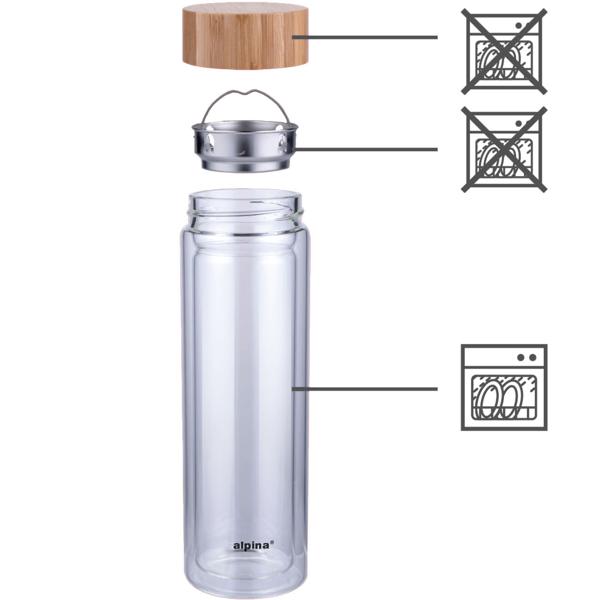 Isolierflasche 450ml - Integriertes Teesieb für Kräuter - Doppelwandige Thermosflasche aus Borosilikatglas mit Bambusdeckel - Hält Getränke warm/kühl