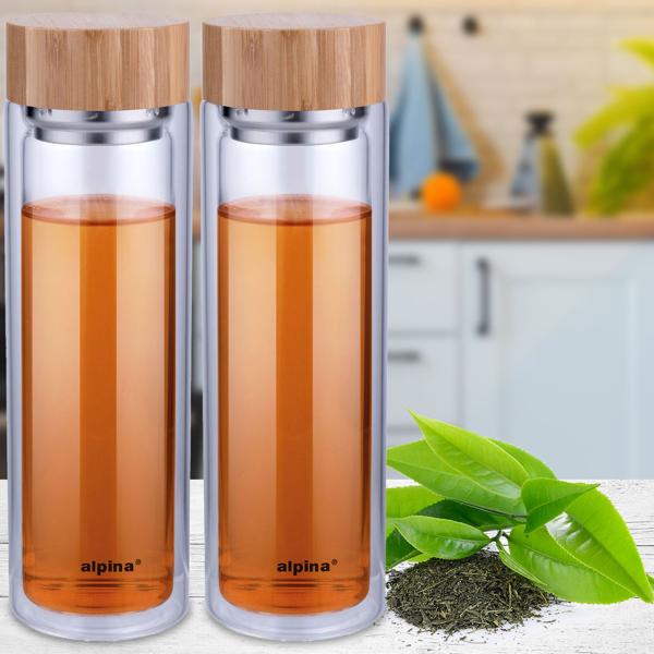2er-Set Isolierflasche mit Teesieb & Bambusdeckel - Hält Getränke optimal temperiert - 450ml Borosilikatglas - Stossfest - Doppelwandig - Spülmaschinenfest