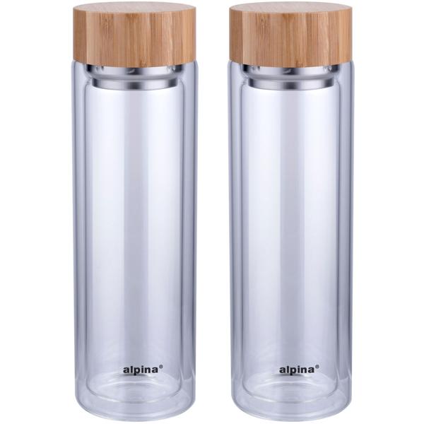 2er-Set Isolierflasche mit Teesieb & Bambusdeckel - Hält Getränke optimal temperiert - 450ml Borosilikatglas - Stossfest - Doppelwandig - Spülmaschinenfest