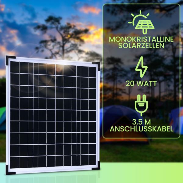 Solarpanel monokristallin 20W, 21,6V – Photovoltaik Solarmodul mit 3,5m Kabel für 12 V Batterien in Wohnmobil, Gartenhaus, Boot & Outdoor