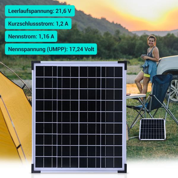 Solarpanel monokristallin 20W, 21,6V – Photovoltaik Solarmodul mit 3,5m Kabel für 12 V Batterien in Wohnmobil, Gartenhaus, Boot & Outdoor