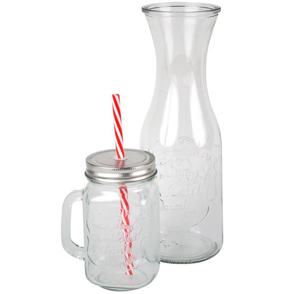 Trendiges Glas-Set: Karaffe mit 4 Trinkgläsern, Deckel & Strohhalmen. Perfekt für Cocktails, Eistee, Limonade & Tee. Hochwertig & designstark