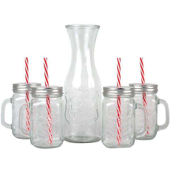 Trendiges Glas-Set: Karaffe mit 4 Trinkgläsern, Deckel & Strohhalmen. Perfekt für Cocktails, Eistee, Limonade & Tee. Hochwertig & designstark