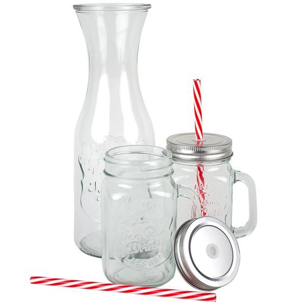 Trendiges Glas-Set: Karaffe mit 4 Trinkgläsern, Deckel & Strohhalmen. Perfekt für Cocktails, Eistee, Limonade & Tee. Hochwertig & designstark