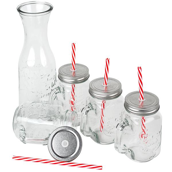 Trendiges Glas-Set: Karaffe mit 4 Trinkgläsern, Deckel & Strohhalmen. Perfekt für Cocktails, Eistee, Limonade & Tee. Hochwertig & designstark