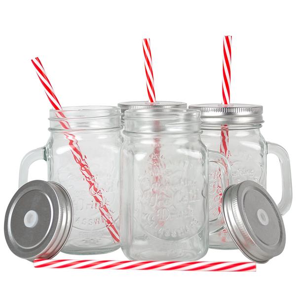 Trendiges Glas-Set: Karaffe mit 4 Trinkgläsern, Deckel & Strohhalmen. Perfekt für Cocktails, Eistee, Limonade & Tee. Hochwertig & designstark