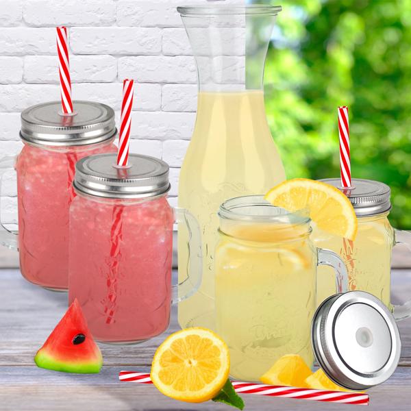 Trendiges Glas-Set: Karaffe mit 4 Trinkgläsern, Deckel & Strohhalmen. Perfekt für Cocktails, Eistee, Limonade & Tee. Hochwertig & designstark