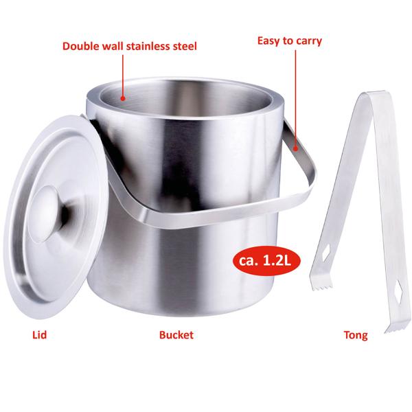 Eiseimer mit Doppelwand, Edelstahl 1,2l - Hält Eiswürfel stundenlang kühl - Inkl. Deckel, Eisgreifer & Tragehenkel - Ideal für Partys & Gastronomie