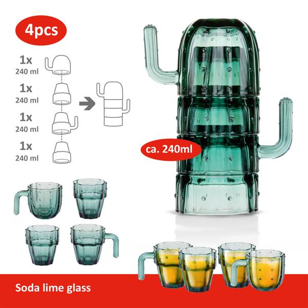 Originelle Kaktus-Henkelgläser, 4er Set, grün, 240 ml, stapelbar, kreative Trinkgläser für jede Gelegenheit - Blickfang auf jeder Party