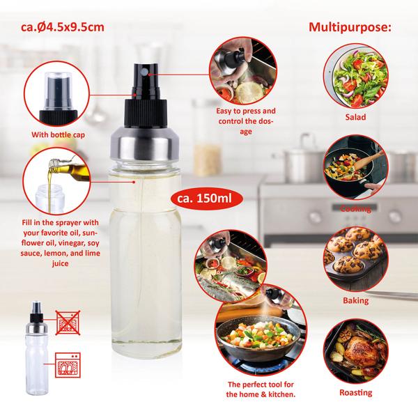 Ölsprühflasche 150ml - Fein zerstäubter Sprühnebel für hygienisches Nachwürzen - Ideal zum Kochen, Grillen, für Salate - Für Öl, Essig, Zitronensaft