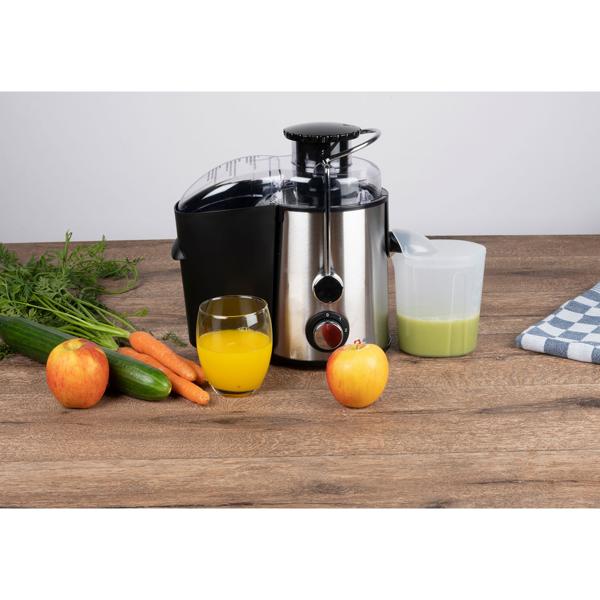 Elektrische Saftpresse 400W – Obst- und Gemüse-Entsafter in Silber/Schwarz, hochwertiges Design, einfache Bedienung & maximale Saftausbeute