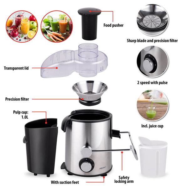 Elektrische Saftpresse 400W – Obst- und Gemüse-Entsafter in Silber/Schwarz, hochwertiges Design, einfache Bedienung & maximale Saftausbeute