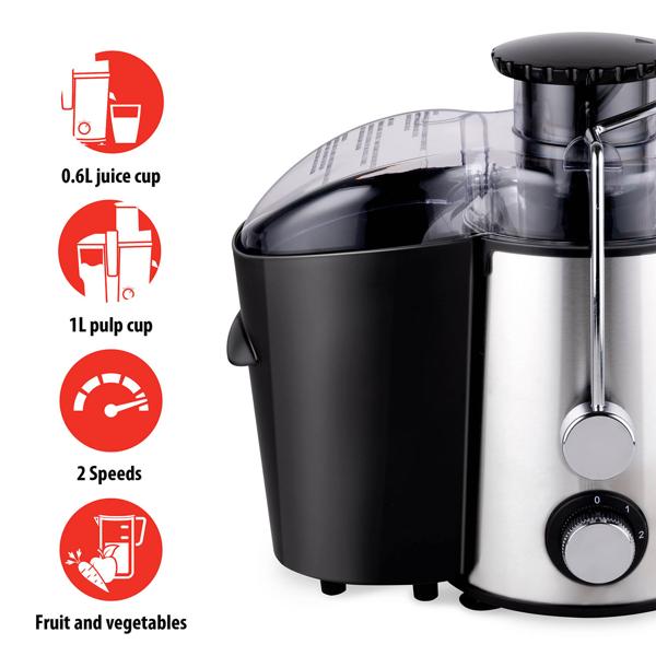 Elektrische Saftpresse 400W – Obst- und Gemüse-Entsafter in Silber/Schwarz, hochwertiges Design, einfache Bedienung & maximale Saftausbeute