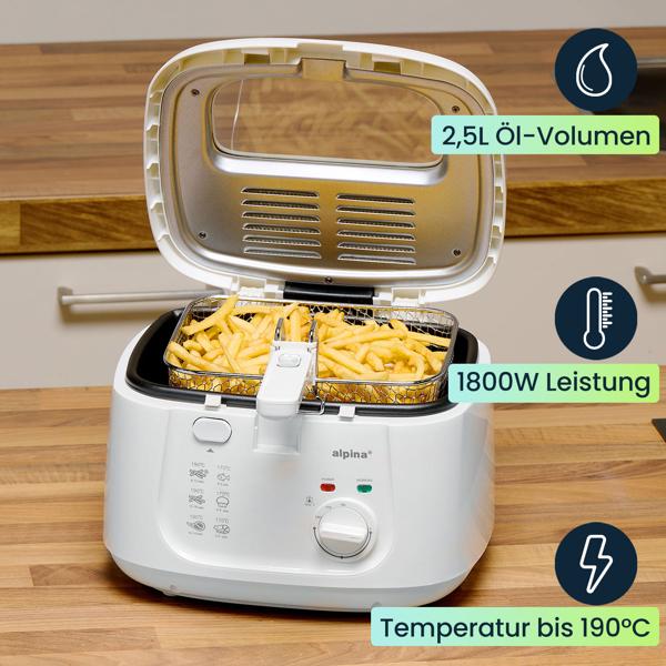 Fritteuse mit Deckel – 2,5L Öl-Volumen, 1800W Leistung, Temperatur bis 190°C, weisses Design, knusprige Pommes & Snacks, einfache Reinigung, kompakt