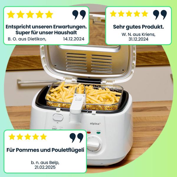 Fritteuse mit Deckel – 2,5L Öl-Volumen, 1800W Leistung, Temperatur bis 190°C, weisses Design, knusprige Pommes & Snacks, einfache Reinigung, kompakt