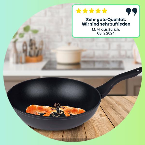 Schwarze Wok Pfanne (Ø 28,5cm): Aluminium, Antihaft - Perfekt für Gemüse, Fleisch, Reis, Nudeln - Gesund & Lecker Kochen