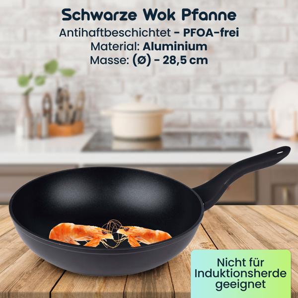 Schwarze Wok Pfanne (Ø 28,5cm): Aluminium, Antihaft - Perfekt für Gemüse, Fleisch, Reis, Nudeln - Gesund & Lecker Kochen