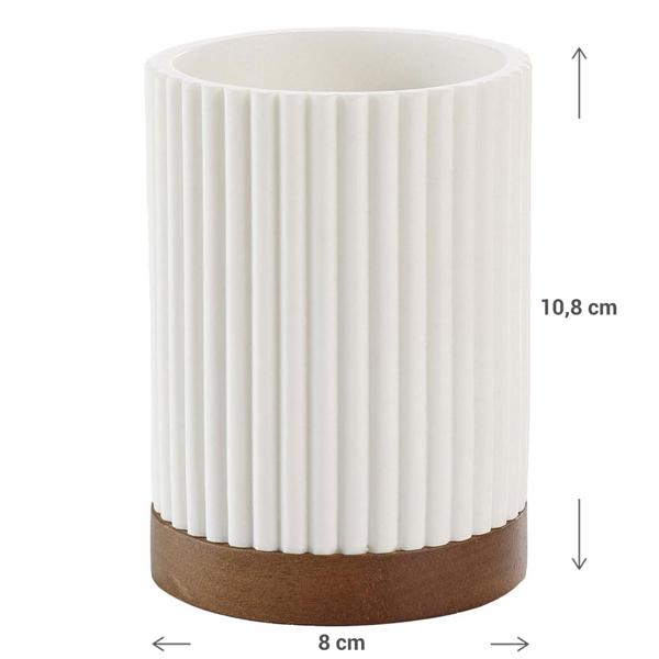 Zahnputzbecher weiss mit Akazienholzstreifen – Multifunktional als Stiftehalter & Make-Up Halter – Ø 8x10,8 cm - Polyesterharz/Akazienholz robust