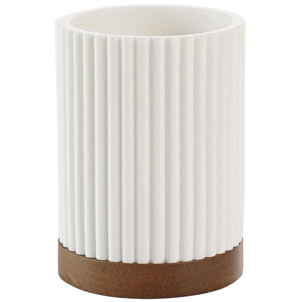 Zahnputzbecher weiss mit Akazienholzstreifen – Multifunktional als Stiftehalter & Make-Up Halter – Ø 8x10,8 cm - Polyesterharz/Akazienholz robust