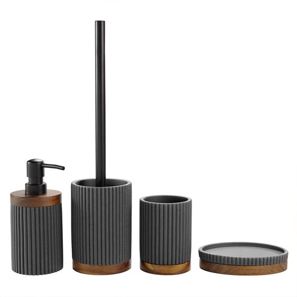 Seifenschale Anthrazit - Hochwertig, ästhetischer Blickfang für jedes Badezimmer - Keramik mit Akazienholzstreifen, 14 x 9,5 cm, robust