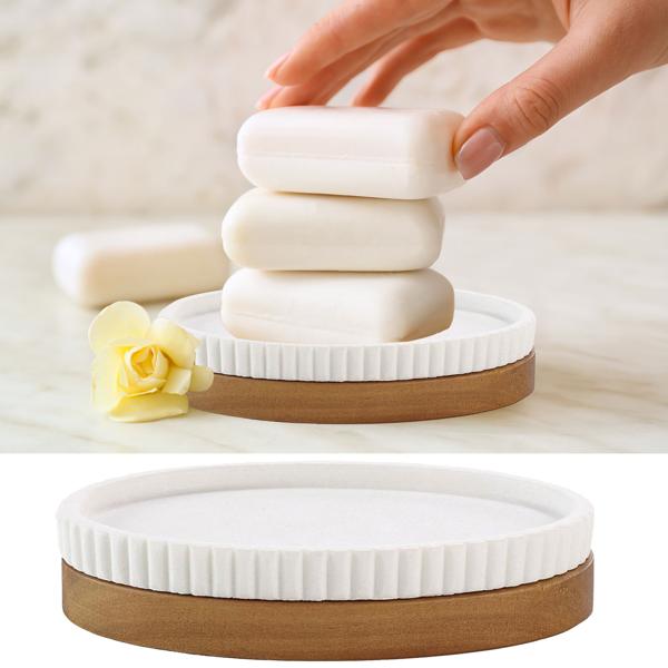 Seifenschale weiss mit Akazienholzstreifen - stilvolles Bad-Accessoire für ein gepflegtes Ambiente - Keramik/Akazienholz 14 x 9,5 cm