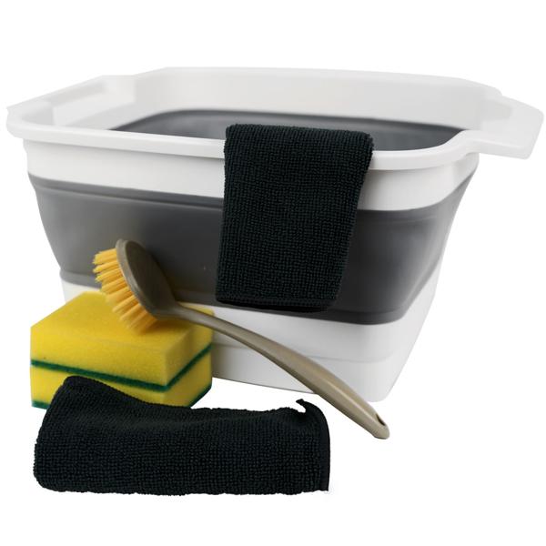 Faltbares Geschirrspül-Set - Hygienische Abwaschschüssel mit 9L Ablauf & Griffen - Inkl. Schwämme, Tücher, Spülbürste - Ideal für Camping & Küche