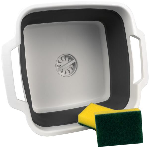Faltbares Geschirrspül-Set - Hygienische Abwaschschüssel mit 9L Ablauf & Griffen - Inkl. Schwämme, Tücher, Spülbürste - Ideal für Camping & Küche