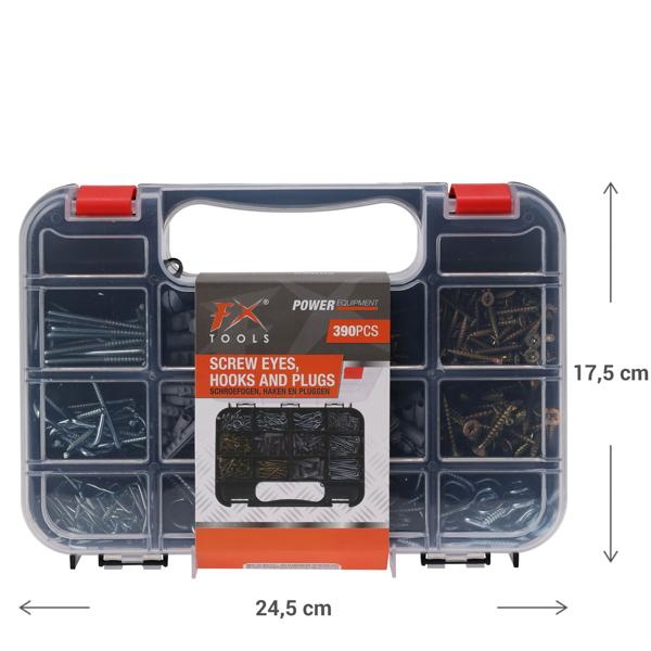 Schrauben-Set - Vielseitiges Vorrats-Set mit Schraubösen, Haken & Dübeln in robuster Kunststoffbox - Ideal für Reparaturen, Haushalt & Werkstatt - 24x17x4.4 cm