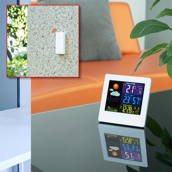 Elegante Funk-Wetterstation (weiss) mit Aussensensor – Thermometer, Hygrometer, Wecker & beleuchtetes Farbdisplay – Komfortable Wetterüberwachung